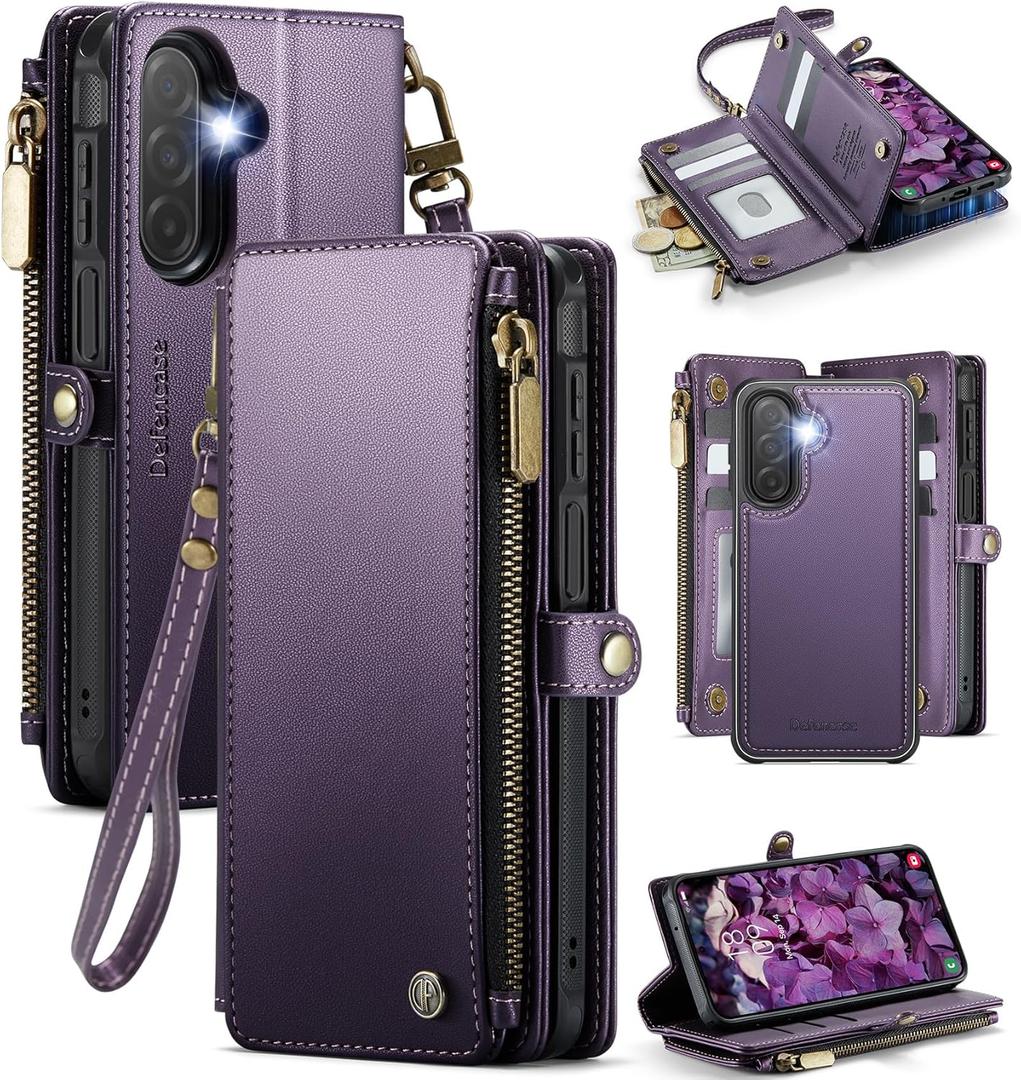 Defencase for Galaxy A17 5G Magnetic Wallet Case with RFID Blocking Zipper Card Holder for Women and Men, PU Leather Strap Detachable Protective Case for Samsung Galaxy A17 5G 6.7", Purple