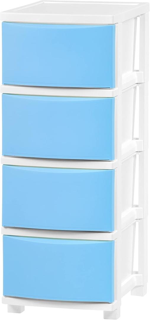 IRIS USA Plastic Drawer Storage Organizer, 4-Drawers, for Classroom Art Supplies Bathroom Dorm Bedroom Laundry Room, Slim Narrow, White Frame with Matte Blue Front Panels