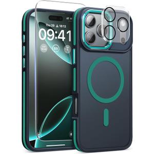 Magnetic 3 in 1 for iPhone 17 Pro Case, [Omni-Directional Protection] with 1x Screen Protector + 1x Camera Cover, [Seamless Work with Magsafe] Shockproof Slim Thin Matte Case for iPhone 17 Pro Green
