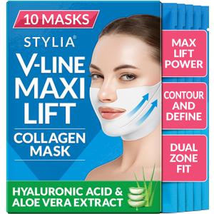 Stylia MaxiLift V-Line Lifting Collagen Face Mask - Advanced Double Chin Reducer - Jawline Shaper - Neck Firming and Tightening Mask with Hyaluronic Acid & Aloe Vera - Chin Strap for Sleeping - 10PC