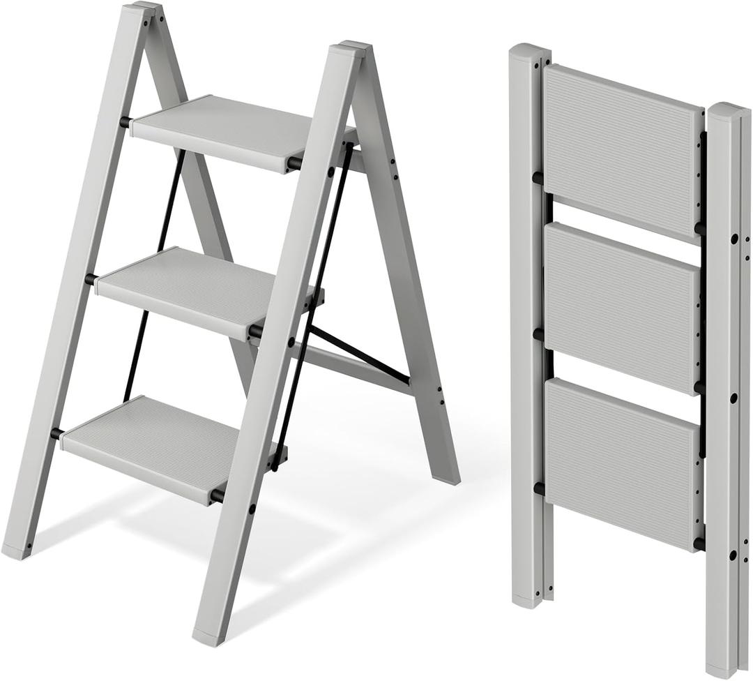 Mayi Plus 3 Step Stool Foldable, Aluminum, Lightweight Step Ladder | Extra-wide anti-slip folding steps with 330 lbs, for home,kitchen,office,outdoor,Grey