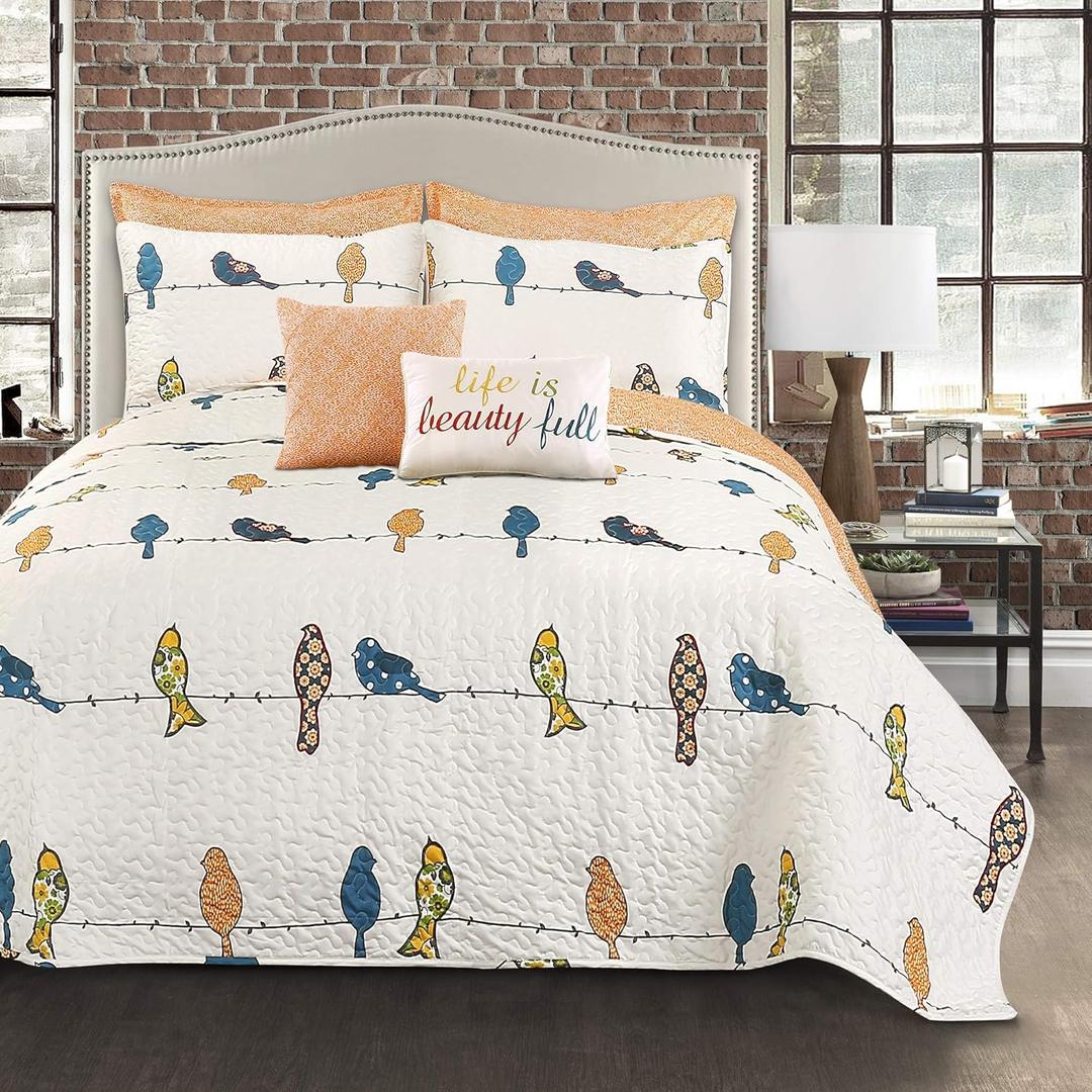 Lush Decor Rowley Birds Quilt Set, 7 Piece Set, Full/ Queen, Multi - Reversible Bird Bedding Set With Pillow Cases & Throw Pillows - Colorful, Whimsical, & Playful Floral Bird Print