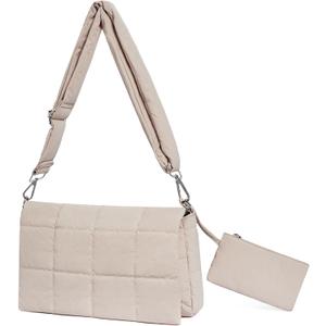 CLUCI Puffer Shoulder Bag Puffy Crossbody Purse for Women Middle Tote Bag Lightweight Cotton Padded Hobo Handbag (Beige)
