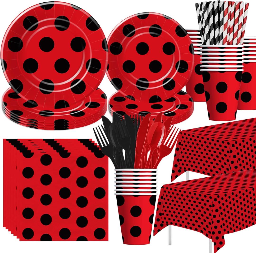 Ladybug Birthday Party Decorations Tableware - Ladybug Party Supplies, Plate, Cup, Napkin, Tablecloth, Cutlery, Straw, Lady Bug Theme 1st 2nd 3rd Birthday Baby Shower Decorations | Serve 24
