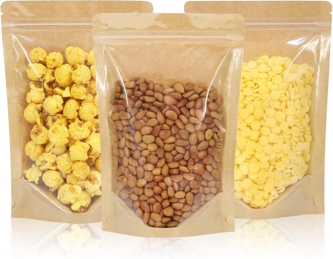 100 PCS Resealable Bags, Stand Up Kraft Bags with Window Clear Front Pouches, Zipper Lock Food Storage Bags 4.77.8 Inch Reusable Sealable Bags for Packaging