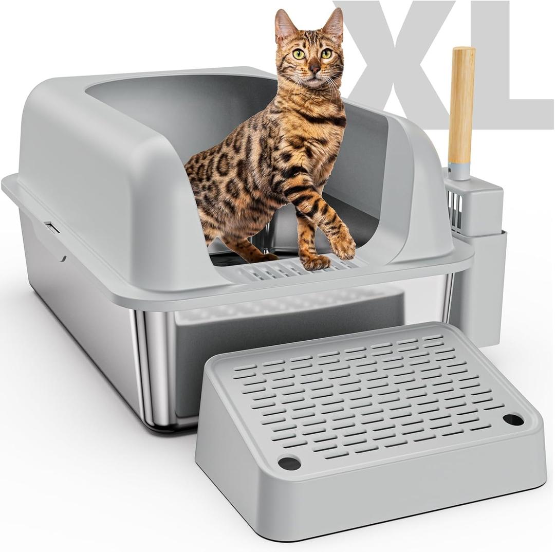 Stainless Steel Litter Box with Lid, XL Metal Litter Box for Big Cats with High Wall Slides Enclosure, Anti High-Peeing Spraying, Anti-Leakage Non-Sticky Easy to Clean
