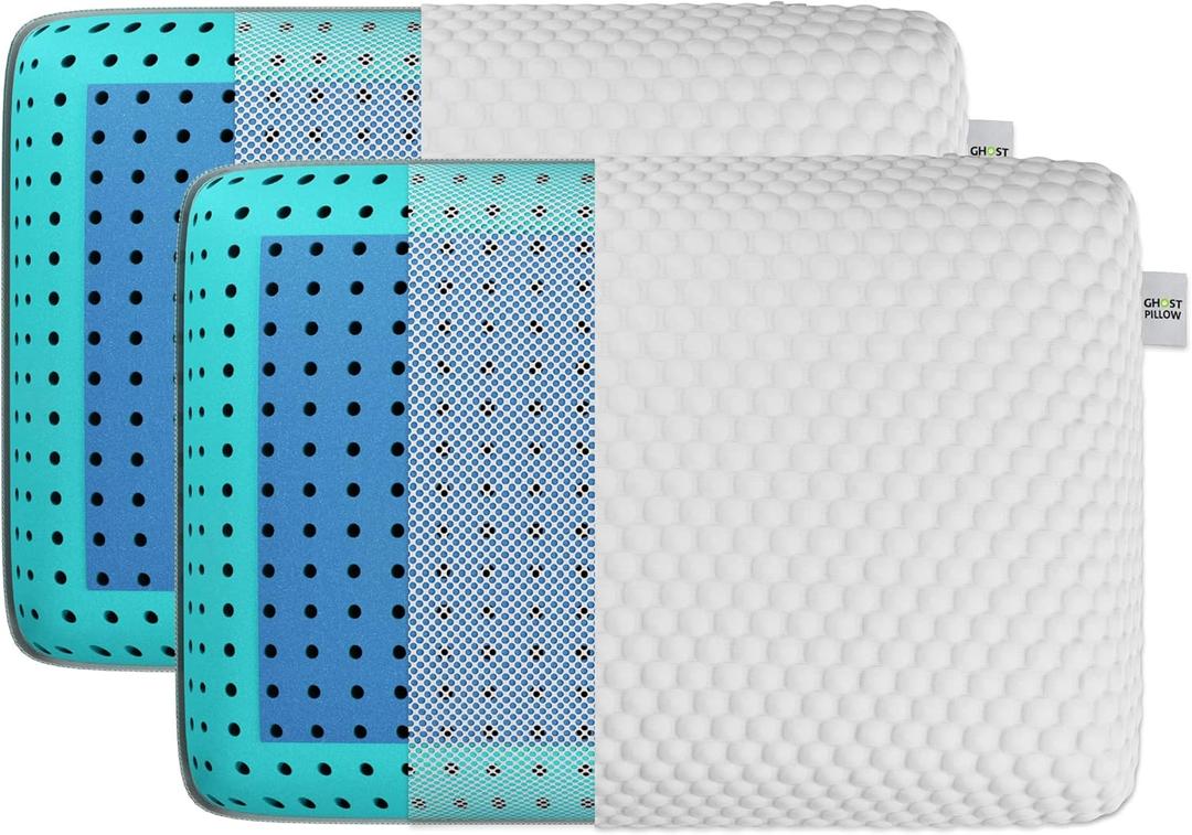 GhostBed Memory Foam Pillow - Memory Foam Pillow with Aerated Ergonomic Design - Patented Cooling Layer & Ghost Ice Cover - Medium Firm for Stomach Back or Side Sleepers (Standard)
