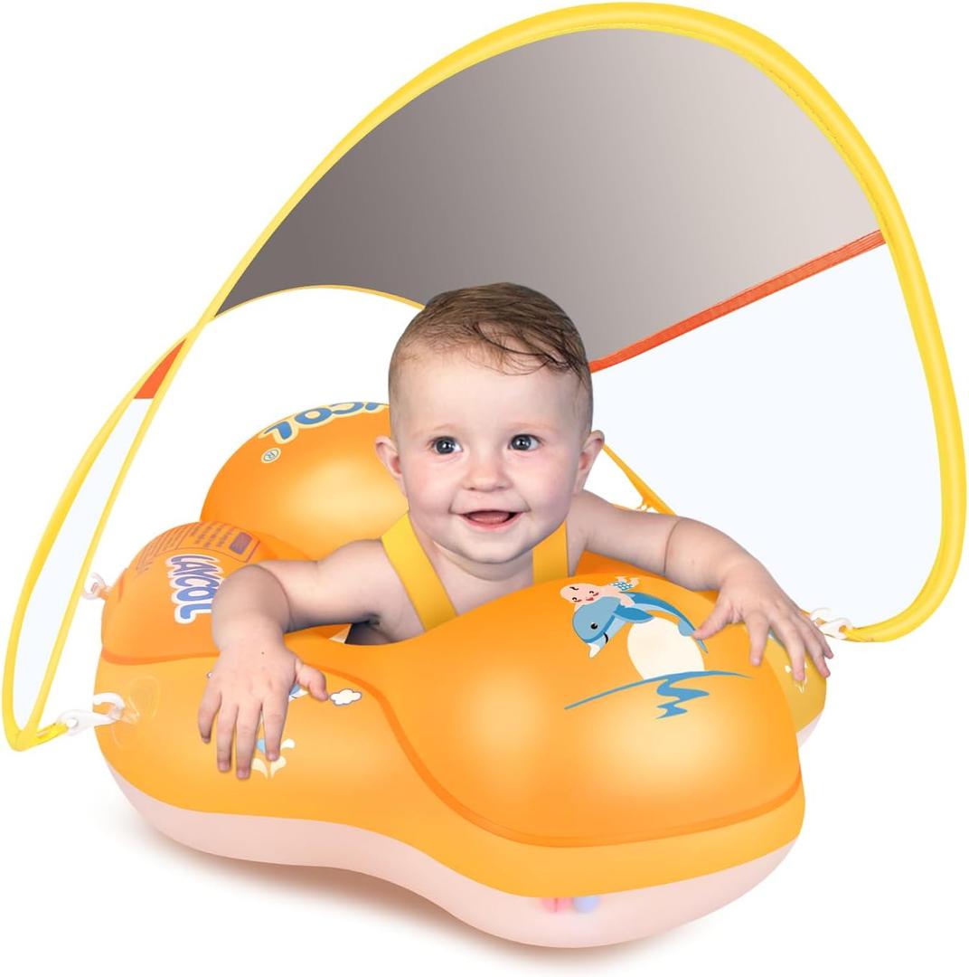 Baby Pool Float No Flip Over, Inflatable Baby Float with Sun Protection Canopy, Baby Swimming Float, Baby Swim Float with Double Air Chambers, Add Tail for Age of 3-36 Months (X-Large, yellow)
