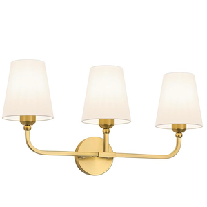 Bathroom Vanity Light, Brushed Gold Bathroom Light Fixtures, 3-Light Lighting Fixtures Over Mirror, Modern Wall Sconce with Flared White Fabric Shade, E26 Socket(ETL Listed)
