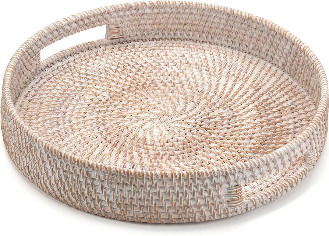 16.9" Round Rattan Tray, Hand Woven Serving Tray with Handles, Wicker Serving Basket, Decorative Tray for Home Decor, Whitewash