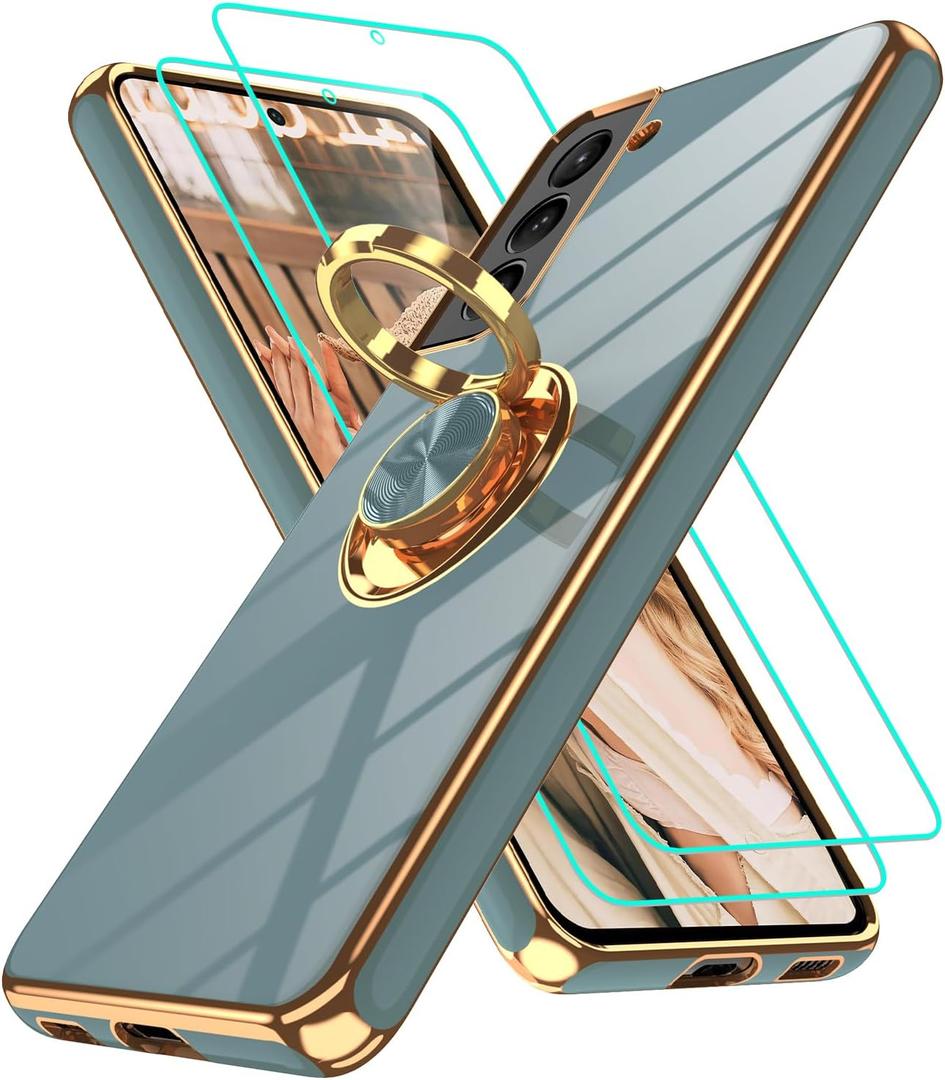 Gritup for Samsung Galaxy S21 Plus Case: with 2Pcs Screen Protector, 360 Rotation Ring Holder Magnetic Kickstand Plating Gold Edge Soft TPU Shockproof Protective Cover for S21 Plus, Gray