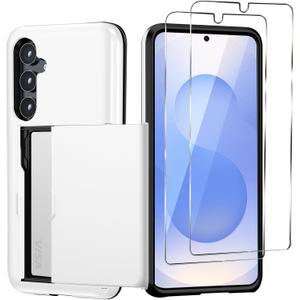 for Samsung Galaxy S25 Wallet Case with Card Holder, 2X Screen Protector Dual Layer Heavy Duty Protective Hidden Card Slot Slim Case for Galaxy S25 6.2" 2025 (White)