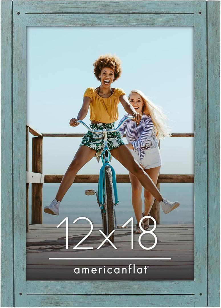 Americanflat 12x18 Poster Frame with Polished Plexiglass - Hampton Collection - Distressed Wood Picture Frames for Vertical or Horizontal Wall Display - Turquoise Blue