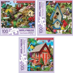 Bits and Pieces 100 Piece Puzzles for Adults - Alan Giana 3-Pack - 100 Extra Large Pieces 15" x 19" Jigsaw Puzzles, Beautiful Birdhouses, No 2 Pieces Alike