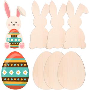 Jetec 6 Pcs Easter Wooden Bunny Cutouts 11 x 6 Inch and Unfinished Egg Cutouts 9.8 x 7.1 Inch Wooden Rabbit Egg Shape Tags Easter Slice Ornaments for Spring Home Party Decors Crafts