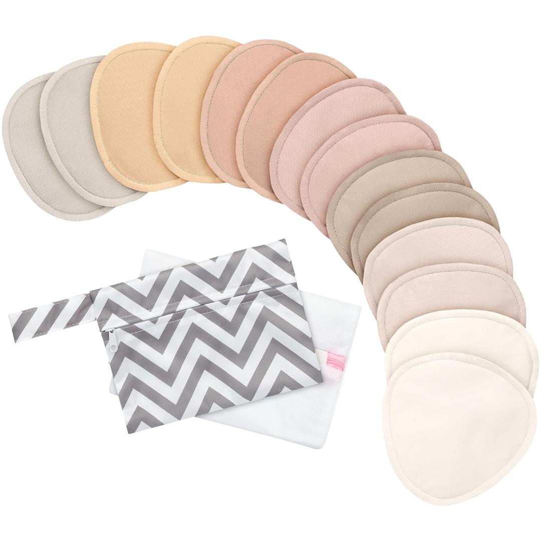 Organic Nursing Pads - 14 Washable Breast Pads for Breastfeeding, Wash Bag, Reusable Nipple Covers for Breastfeeding Essentials, Soft & Absorbent (Neutrals, M 3.9")