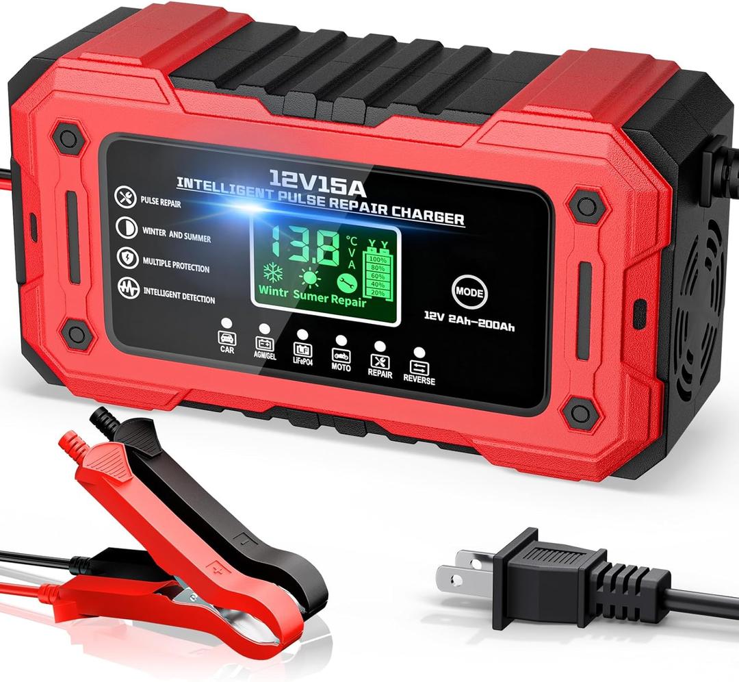 Battery Charger 15A 12V Fully Automatic Smart Trickle Car Battery Charger Maintainer with LCD Display & Temperature Compensation for Car Truck Motorcycle Lawn Mower Boat