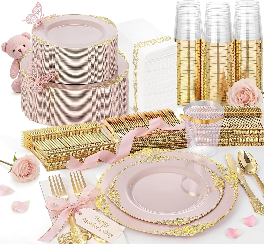 Nervure 350PCS Pink Plastic Plates - Pink Plastic Dinnerware Sets for 50 Guests - 100 Disposable Plates, 150 Gold Silverware, 50 Cups, 50 Napkins Perfect for Wedding & Party & Mothers Day