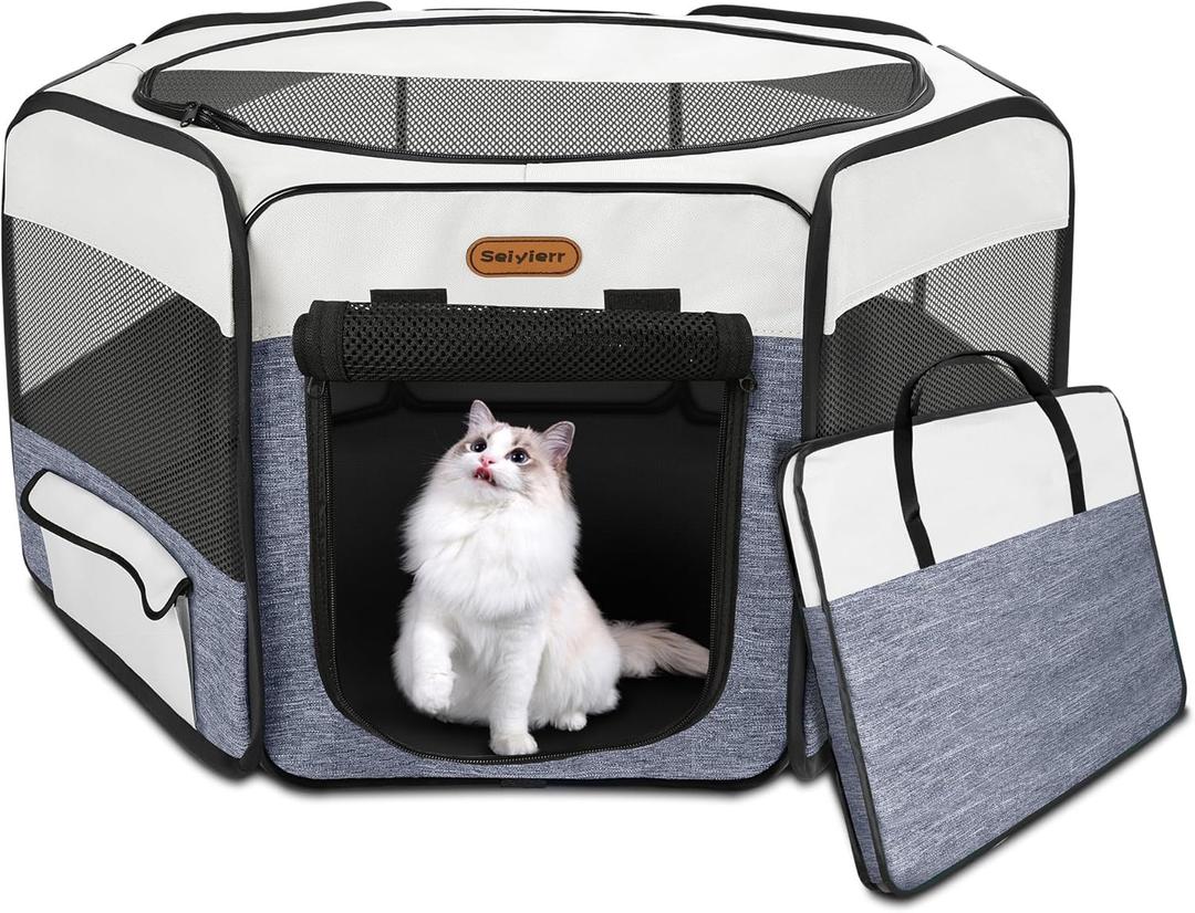 Dog Playpen, Portable Pet Play Pen Foldable Carrying Case, Puppy Pens Outsid for Small Cat Indoor/Outdoor, Removable Mesh Shade Cover (Blue)
