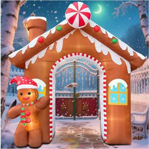 10FT Christmas Inflatables Gingerbread House Archway, Blow up Christmas Inflatables Archway with Gingerbread Man Outdoor Decorations with Build-in LED Lights for Garden Lawn Porch Holiday Party Decor
