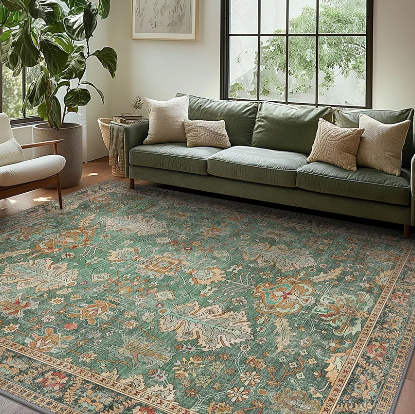 Area Rugs for Living Room 0.24inch Low Pile Faux Wool Bedroom Rug TPR Anti-Slip Backing Carpet Vintage Soft Rugs for Dining Room décor Machine Washable (Green Rust, 8 * 10)