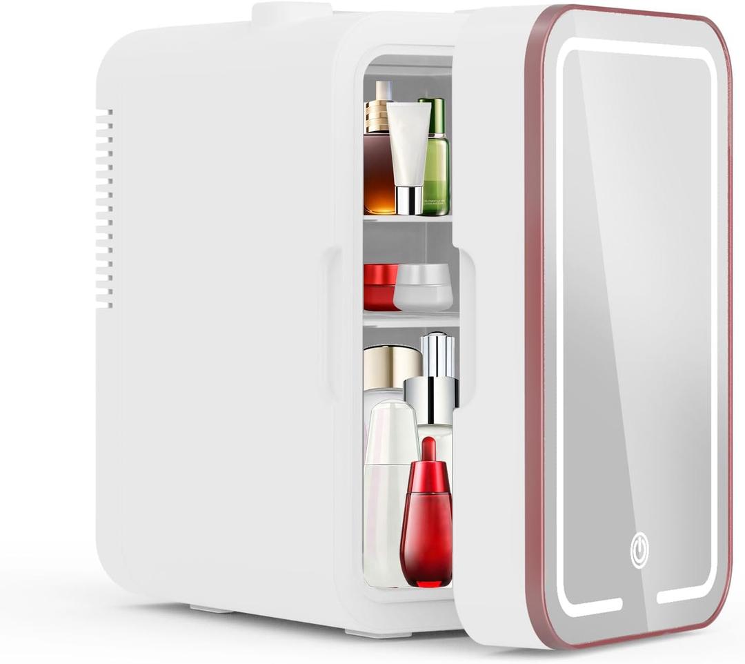 YLFU Mini Fridge for Bedroom, 6L Skincare Fridge with LED Mirror for Dorm & Office, Portable Cooler & Warmer Small Compact Refrigerator for Skincare, Makeup and Cosmetics