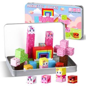 QOUBAI 45PCS Mini Magnetic Blocks Travel Toys, Magnet Building Cubes Tiles Set with Portable Iron Case, Learning Activities Gifts for Kids Toddlers Boys & Girls Ages 3-8 (Unicorn Rainbow)