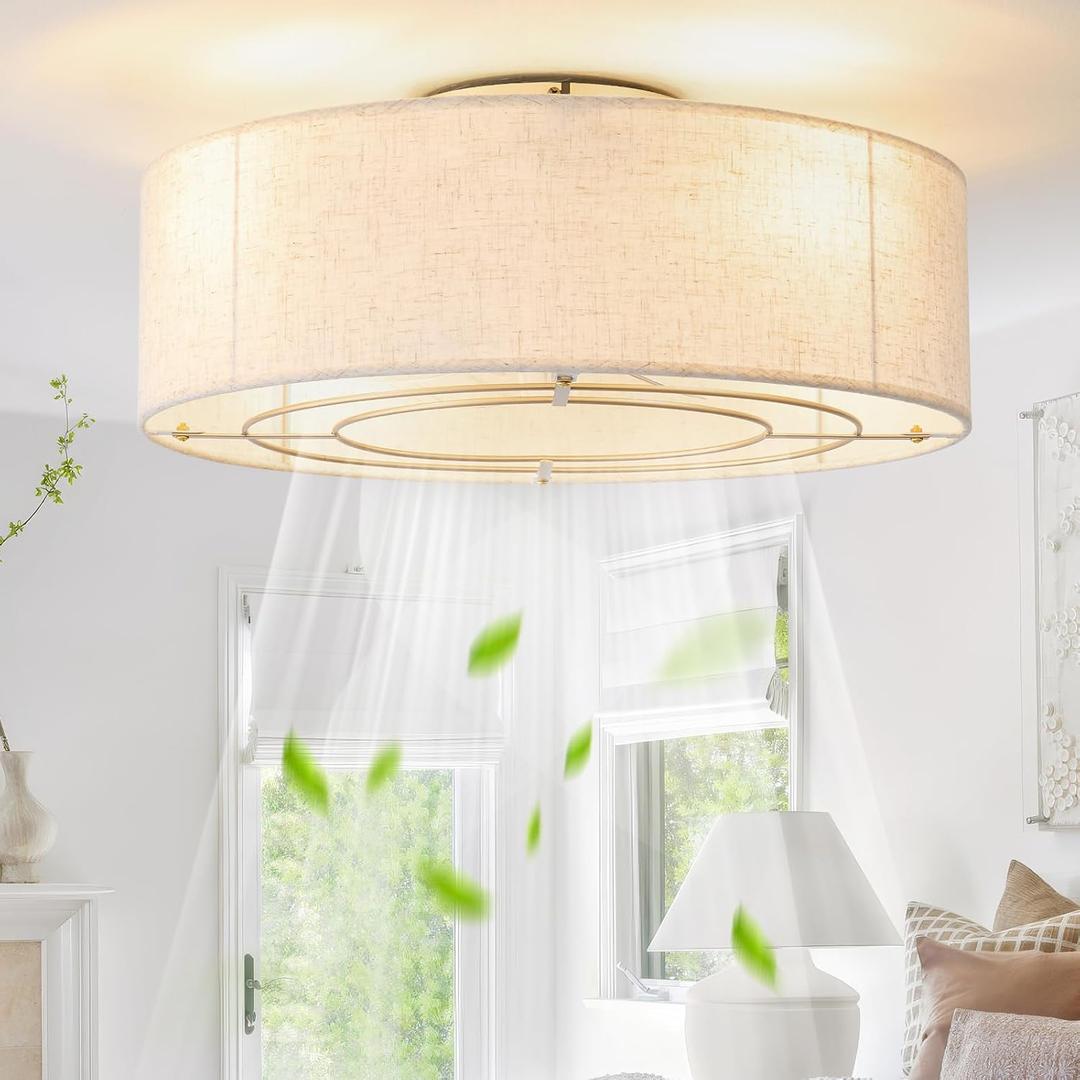 Ceiling Fans with Lights, 20" Boho Ceiling Fan with Light Flush Mount, Drum Rattan Low Profile with 6 Speeds, Remote Control for Bedroom, Nursery, Living Room