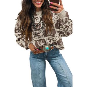 Women's Pullover Sweater Western Print Knit Tops Boho Drop Shoulder Brown Bows & Horseshoes (Large)