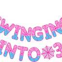 TaoBary Spider Theme 3rd Birthday Banner, Pre-strung Swinging into 3 Banner, Ghost Spider 3rd Birthday Decorations Party Supplies for Kids, Third Decor for 3 Year Old Boys Girls(Pink and Blue)