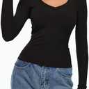 REORIA Womens Long Sleeve Shirts 2025 Fall Trendy Deep V Neck Slim Fit Basic Tops Casual Going Out Top Tee Blouse (Black, M)