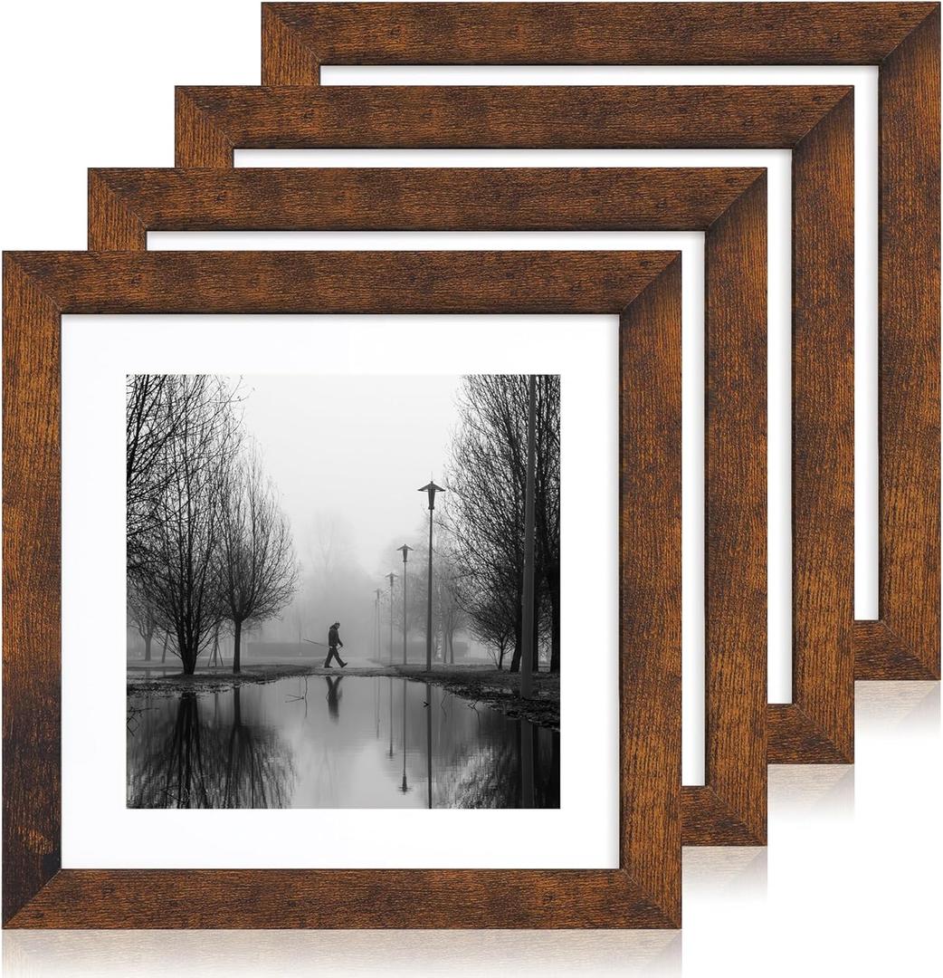 iRahmen 10x10 Picture Frame Set of 4 with Real Glass, Rustic Frames Display 8x8 Picture with Mat or 10 x 10 Without Mat, Wooden Square Photo Frame for Wall Mount and Tabletop Display (Dark Brown)