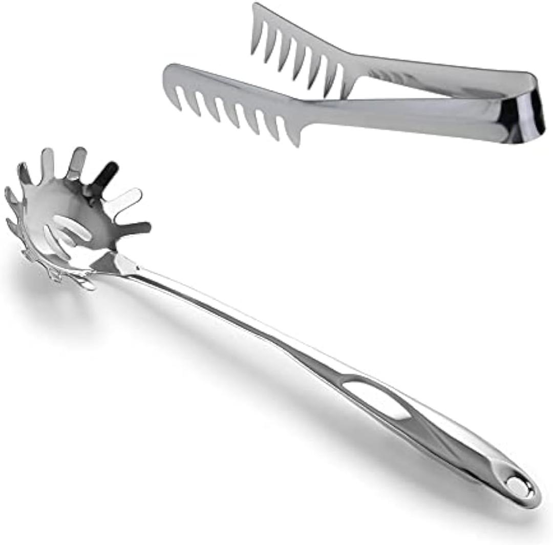 HornTide Stainless Steel Pasta Server Set 1x 8-inch Serving Tongs 1x 12-inch Spaghetti Claw Teethed Ends Design Kitchen Tools