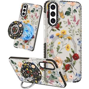 Lotadilo Cute Case for Samsung Galaxy S21 Plus for Women Girls - Funny Design Compatible with Magsafe Magnetic Ring Holder Kickstand Art Retro Flower Fashion Pattern TPU Phone Covers
