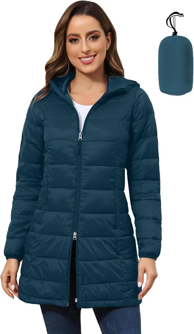 ROYAL MATRIX Women's Plus Size Puffer Jacket Packable Lightweight Hooded Quilted Spring Fall Long Puffer Coat (Dark Green)