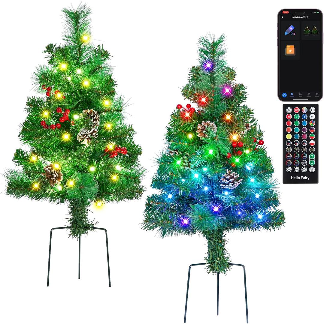 HOLILLUMA Outdoor Pathway Christmas Trees, 2-Pack 28.5Inch RGB Color Changing Pre-Lit Smart Artificial Pine Tree with Cones, Remote&App Control, Outdoor Christmas Decorations for Porch Yard Walkway