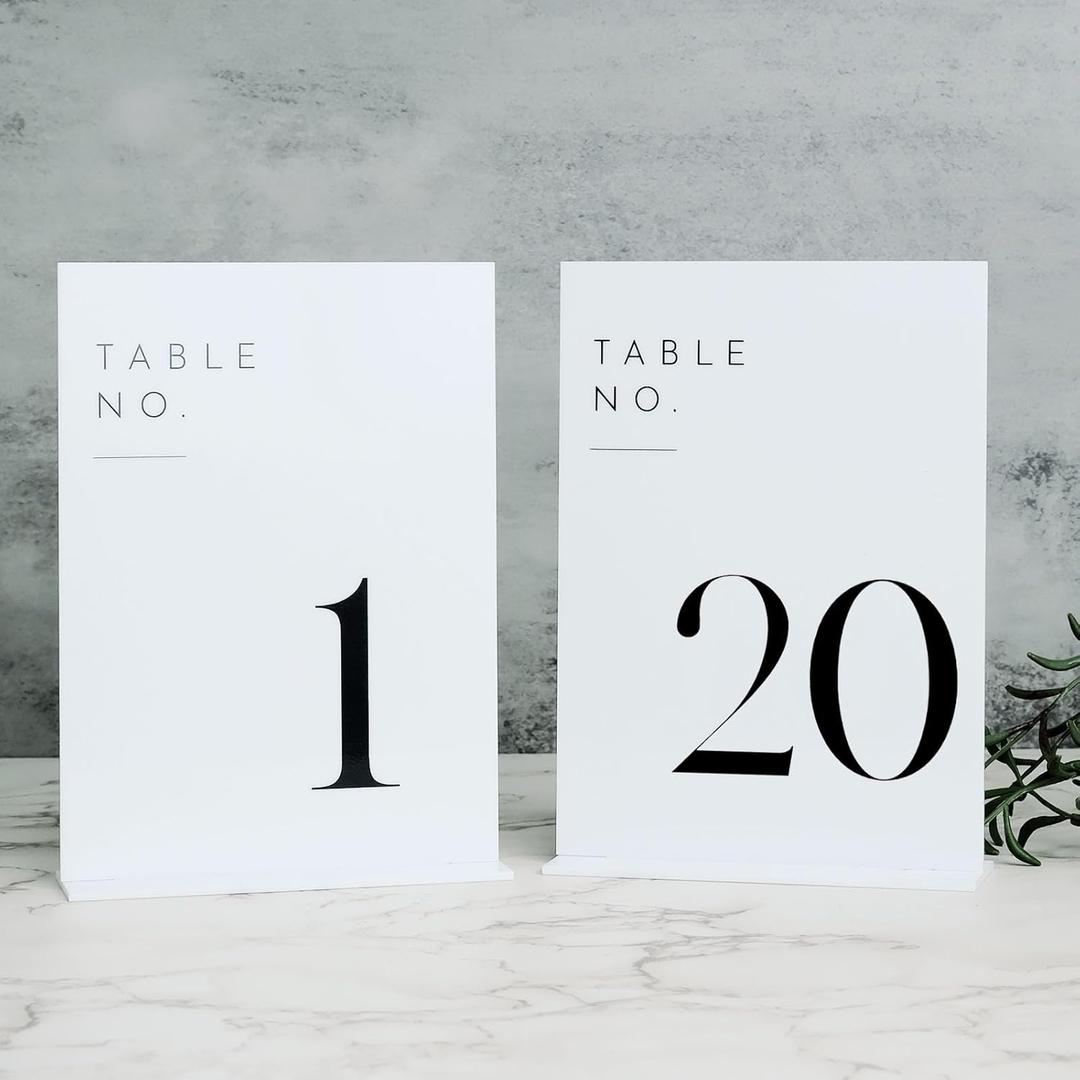 JINMURY White Wedding Table Numbers 1-20 with Stands, 5"x7" White Acrylic Table Numbers, Perfect for Wedding Reception, Party, Anniversary, Event (White Sign Black Font)