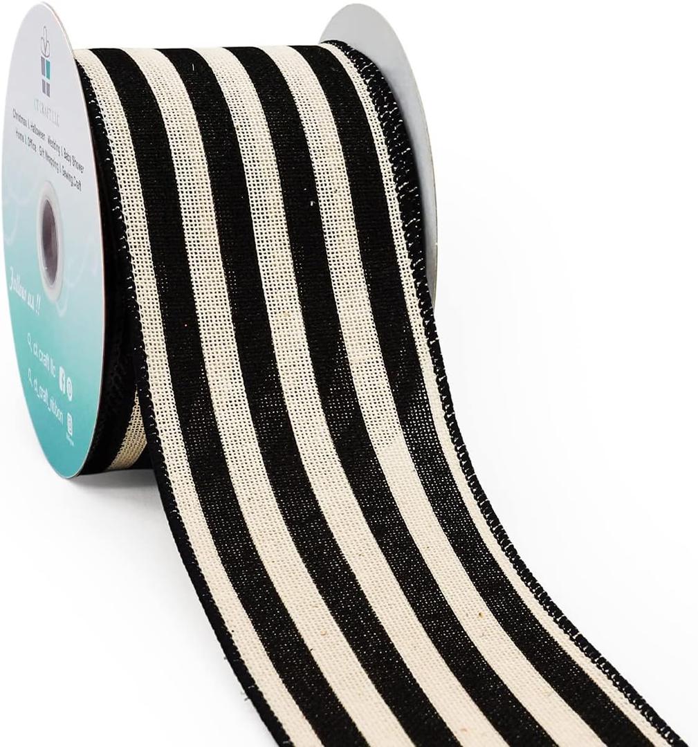 CT CRAFT LLC Striped Canvas Cotton Ribbon 2.5" x 10 Yards Ivory/Black Stripes for Thanksgiving Christmas Home Dcor Gift Wrapping Outdoor Tree Topper Bow Wreath