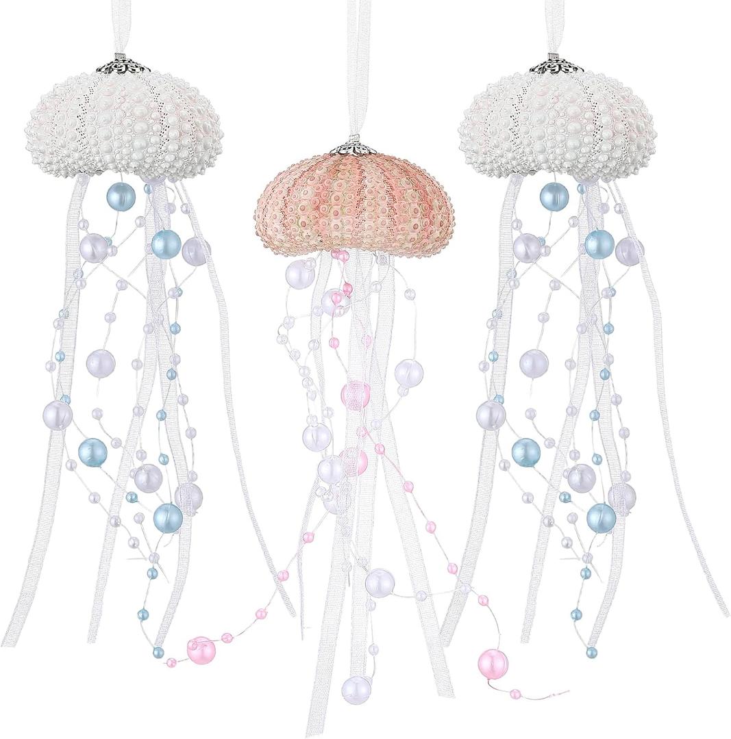 Namalu 3 Pcs Sea Urchin Jellyfish Christmas Ornament Coastal Beaded Beach Theme Holiday Decor Ocean Inspired Hanging Jellyfish Decoration with Crystal and Ribbon (White,Orange)