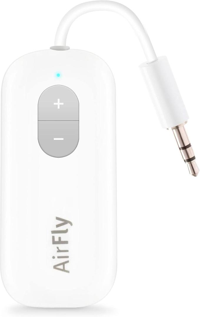 Twelve South AirFly SE | Adaptador de transmisor de audio inalmbrico Bluetooth para AirPods/auriculares, batera de ms de 20 horas, funciona con conectores auxiliares de 0.138 in en aviones (Blanco)