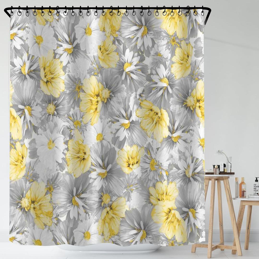 Classical Design Painted Gray and Yellow Flowers Fabric Shower Curtain, Mordern Art Plants Curtain for Bathroom Dcor Machine Washable 71" x 71" Yellow and Grey