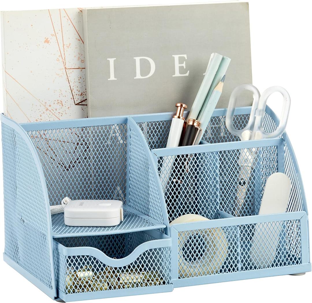 Annova Mesh Desk Organizer Office with 7 Compartments + Drawer/Desk Tidy Candy/Pen Holder/Multifunctional Organizer (New Blue 23)