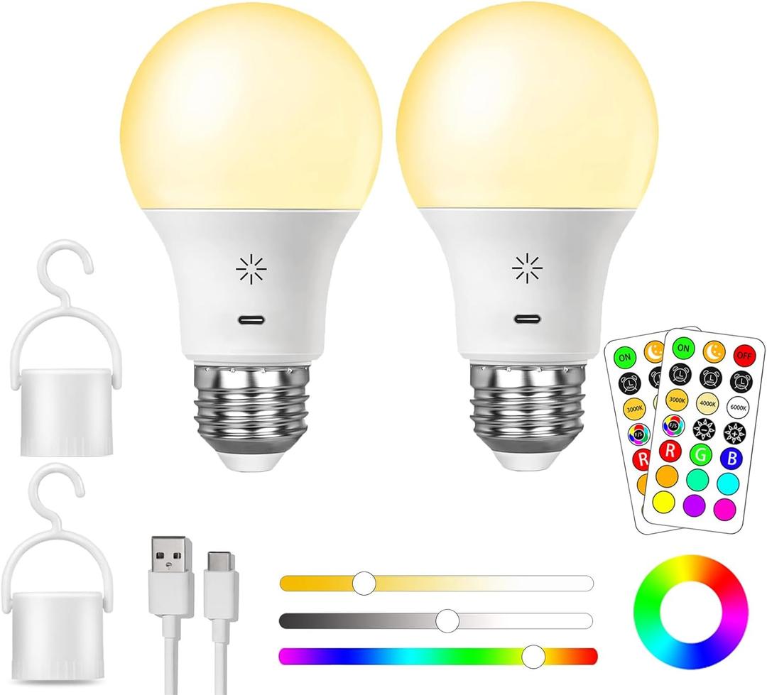 LED Rechargeable Light Bulbs With Remote Touch Dimmable, E26 Battery Operated Light Bulb for Lamps, RGB 12 Colors, 2600mAh USB battery backup Light Bulb With Timer, A19 Small Light Bulbs 2 Pack