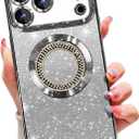 Misscase for iPhone 17 Pro Max Magnetic Glitter Case Compatible with MagSafe,Full Protection Slim Shockproof Anti-Scratch Case with Camera Lens Protector Plating Bling Dust-Proof Net Silver