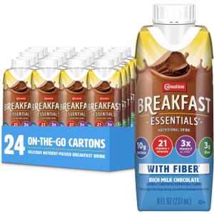 Carnation Breakfast Essentials Ready to Drink with Fiber, Rich Milk Chocolate, 8 FL OZ Carton (Pack of 24) (EXP 09/25/26)