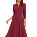 Allegra K Women's 3/4 Sleeve Dresses V Neck Elegant A-Line Work Business Formal Midi Dress with Pockets, Medium, Burgundy