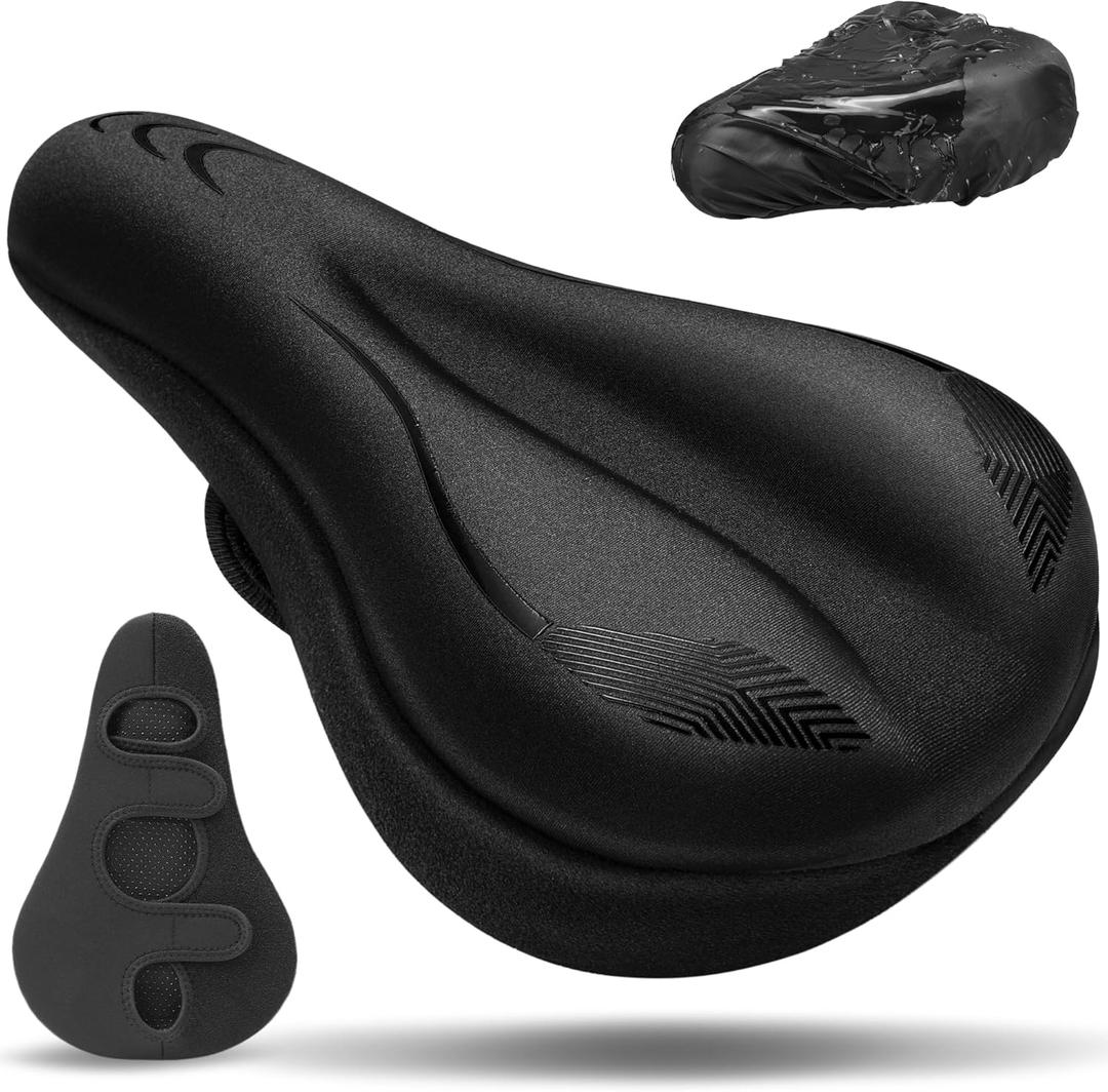 Gel Bike Seat Cushion, Soft Gel Padded Bicycle Seat Cover for Men & Women Comfort, Extra Padding Cycle Seat Cushion for Peloton, Stationary Exercise Bike, Beach Cruiser, Ebike, MTB, Road Bicycle (C1 Black)