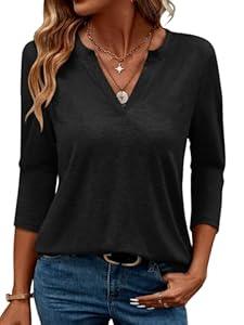 Syellowafter Womens Summer 3/4 Sleeve Tops Casual V Neck T Shirts Fashion Loose Fit Basic Tunic Tees (Small)
