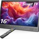 Desobry 16" Small Smart TV, LCD Small Kitchen TV with WiFi, Bulit-in 180°Adjustable Stand/ ATSC Tuner/ HDMI/ USB/ AV for Camping, Bedroom, RV, Patio, Indoor & Outdoor Use