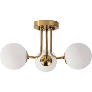 Modern Semi Flush Mount Ceiling Light 3-Light,Globe White Glass Shade Semi Flush Mount Ceiling Light, Sputnik Chandeliers for Bedroom Hallway Dining Room Lighting Fixture
